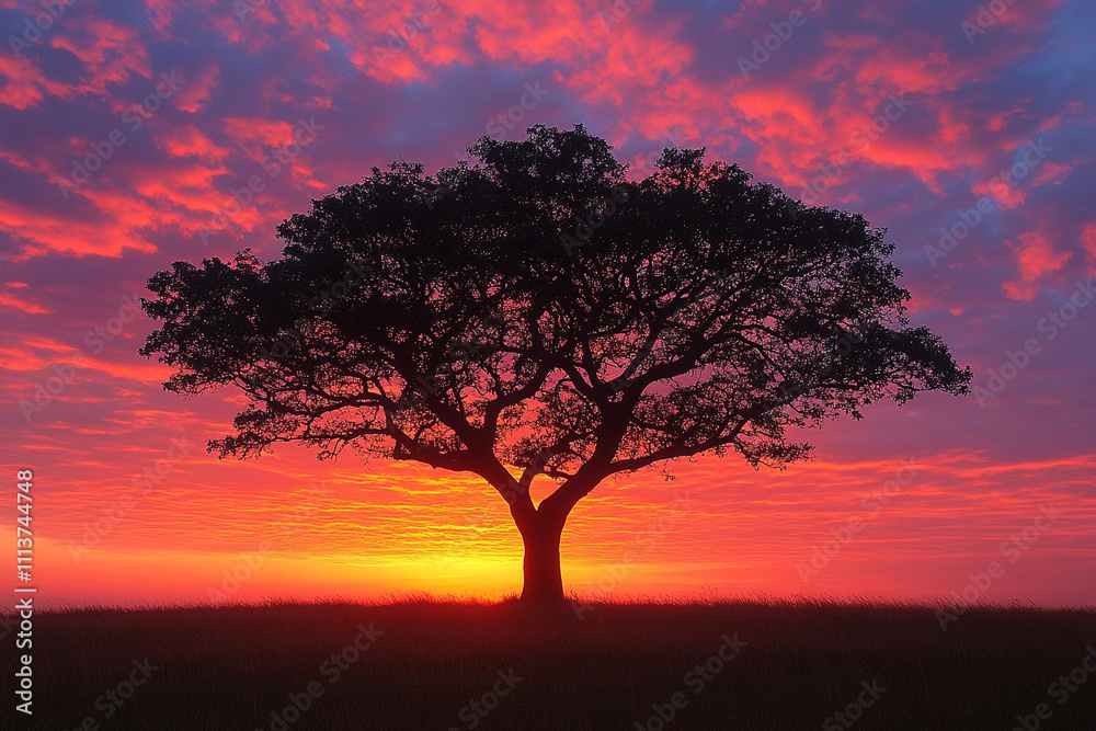 Solitary Tree Silhouetted Against Vibrant Sunset Sky Solitary Tree Silhouetted Against Vibrant Sunset Sky