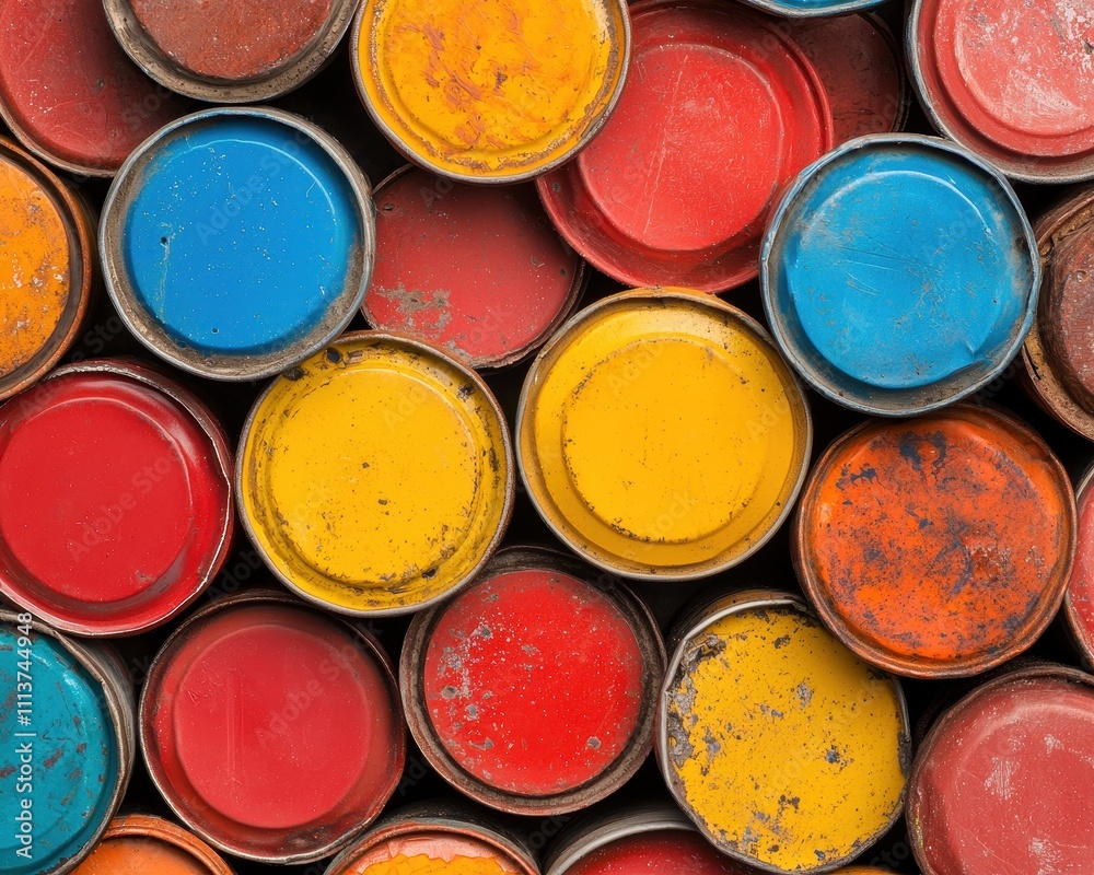 A vibrant arrangement of colorful paint cans showcasing shades of red, blue, yellow, and orange, creating a visually striking pattern. A vibrant arrangement of colorful paint cans showcasing shades of red, blue, yellow, and orange, creating a visually striking pattern.
