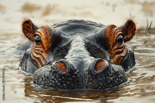 Hippopotamus Watercolor Painting of a Hippo Emerging from Water with Detailed Skin Texture in Soft Morning Light photo