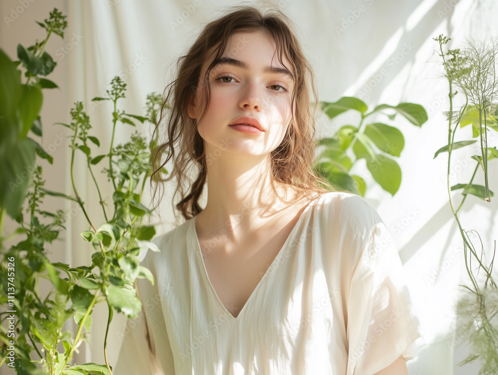 A young woman in eco-friendly, minimalist fashion, wearing a simple, organic cotton dress in a soft, natural setting with green plants and neutral tones. The focus is on sustainable clothing. A young woman in eco-friendly, minimalist fashion, wearing a simple, organic cotton dress in a soft, natural setting with green plants and neutral tones. The focus is on sustainable clothing.