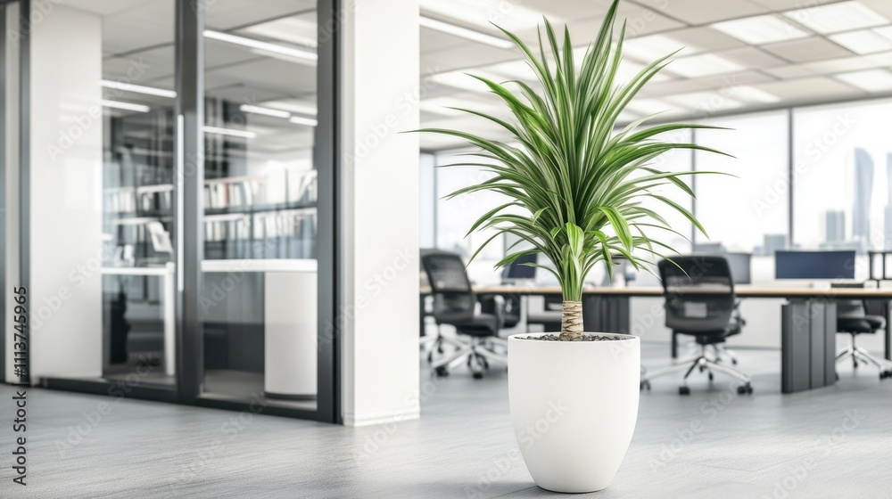 Fototapeta premium Serene Office Landscape with Lush Greenery and Modern Furnishings
