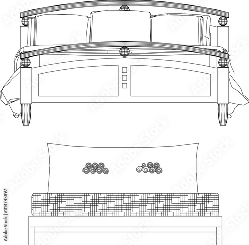 vector sketch, silhouette illustration, design drawing, interior detail of a luxury bed