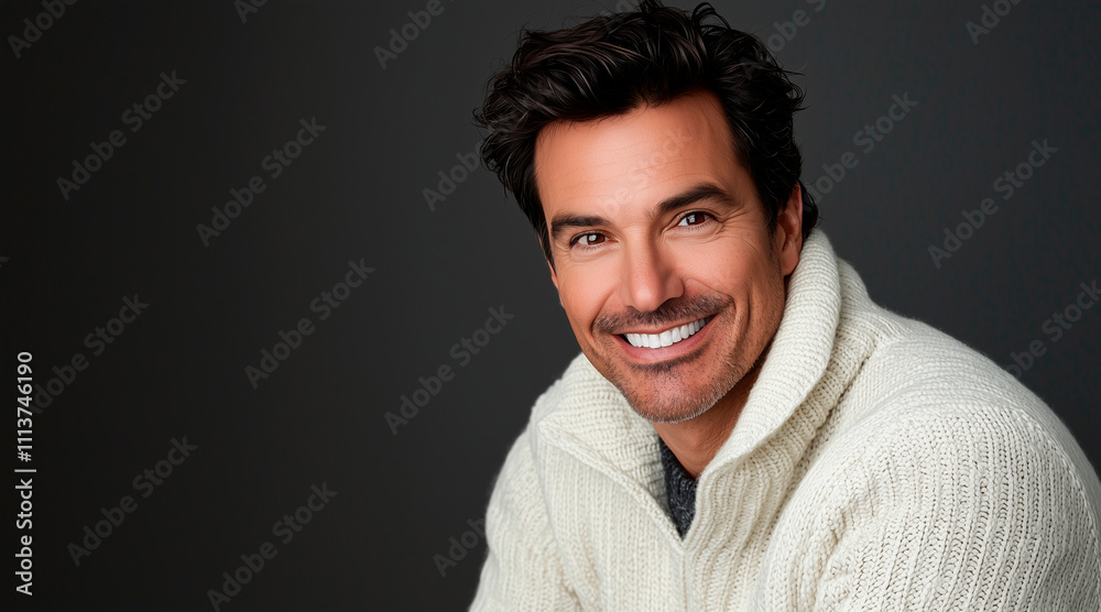 A handsome man with dark hair, smiling confidently at the camera in his white sweater on a deep gray background. Radiant smile, creating a warm and welcoming overall atmosphere
