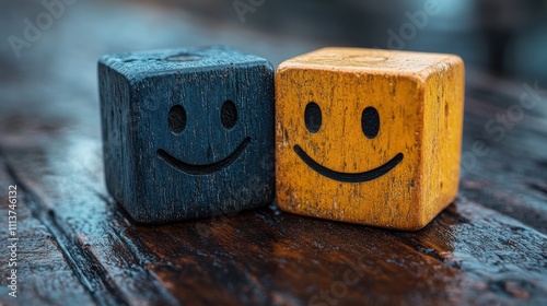 mental health and emotional state concept smile face in bright side and sad face in dark side on wooden block cube for positive mindset selectio photo