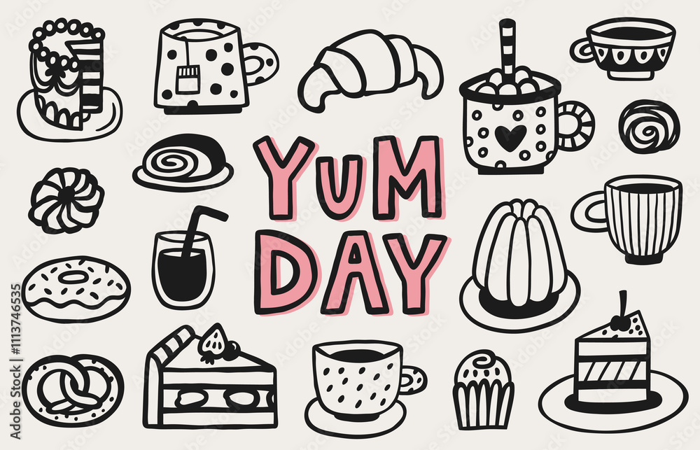 Yam day hand drawn doodle elements. Bakery cafe doodle vector set with cake, a cup of coffee, donut, cupcake, and tea.