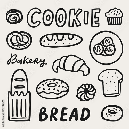 Cookie and bread hand drawn doodle elements. Bakery cafe doodle vector set.