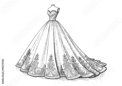 wedding dress engraving vector illustration
