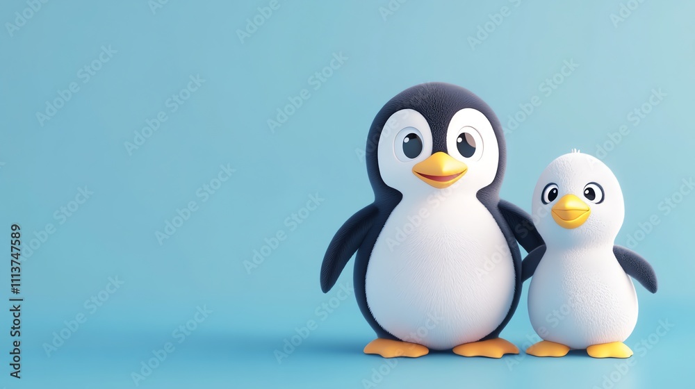 Obraz premium A cartoon penguin stands next to a smaller penguin on a blue background.