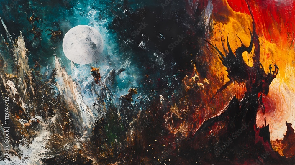 Fototapeta premium Dualistic Visions: A Celestial and Infernal Tapestry