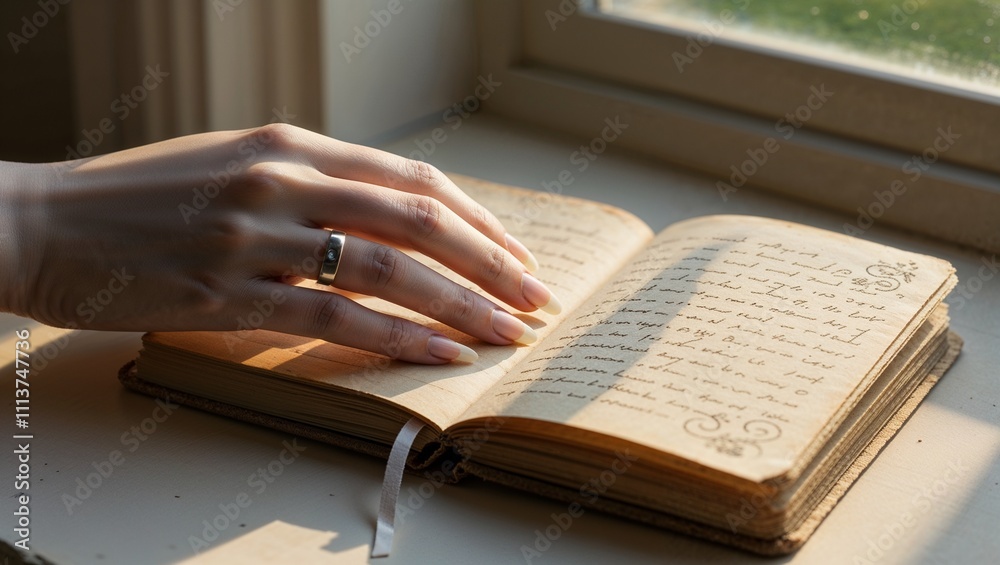 Fototapeta premium Hand gently touching an open journal with handwritten notes beside a sunlit window 