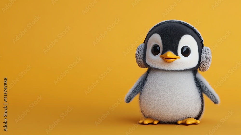 Fototapeta premium A cute cartoon penguin with big eyes wears headphones on an orange background.