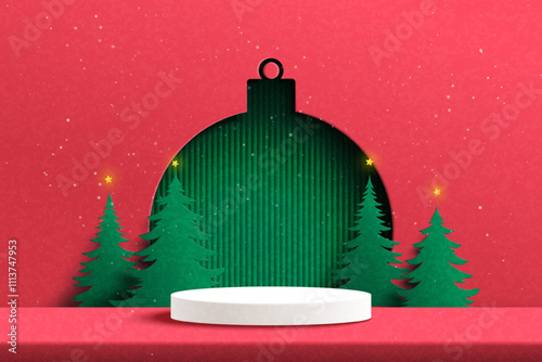 Merry Christmas and Happy new year background. White cylinder podium on red background decorated with christmas tree,christmas ball and stars..Paper art vector illustration.