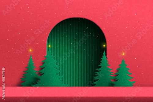 Merry Christmas and Happy new year background. Red background decorated with christmas tree and stars..Paper art vector illustration.