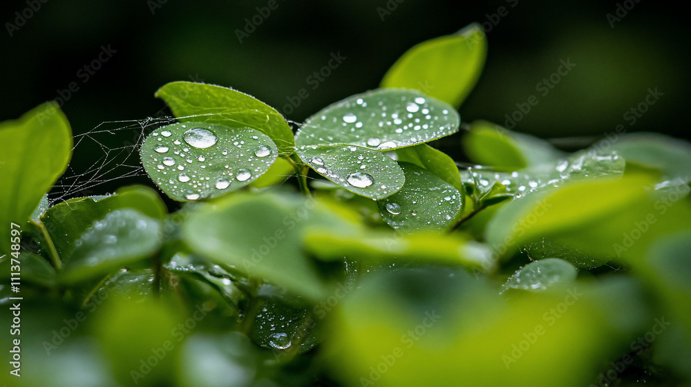Close-up of green leaves adorned with water droplets. Close-up of green leaves adorned with water droplets.