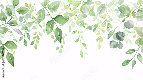 Herbal Minimalist Banner: Hand-painted vector banner with plants, branches, and leaves on a white background. Greenery wedding simple horizontal template in watercolor style. 