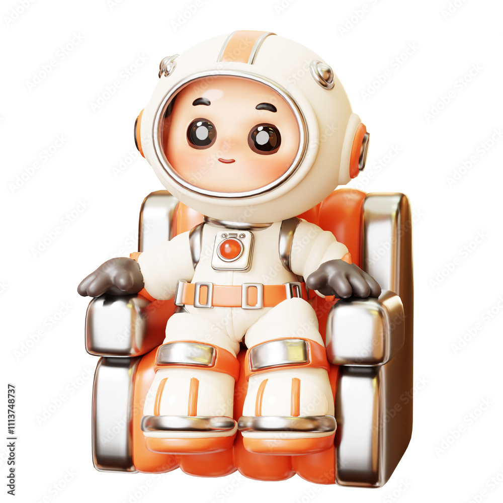 Fototapeta premium Futuristic Astronaut, Spaceman Sitting on Spacecraft Chair. Cute cartoon 3D Science Technology, Space, Fiction Universe Exploration Concept
