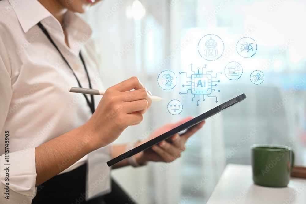 Young woman using digital tablet with artificial intelligence tools and data analytics virtual icons Young woman using digital tablet with artificial intelligence tools and data analytics virtual icons