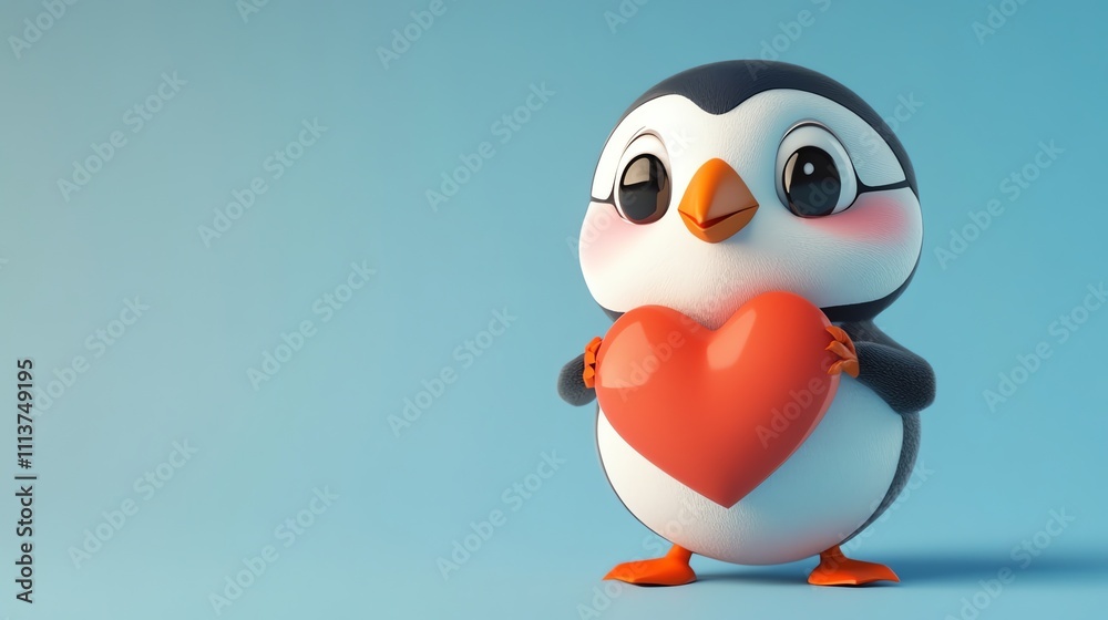 A cute cartoon penguin holds a red heart on a blue background. A cute cartoon penguin holds a red heart on a blue background.