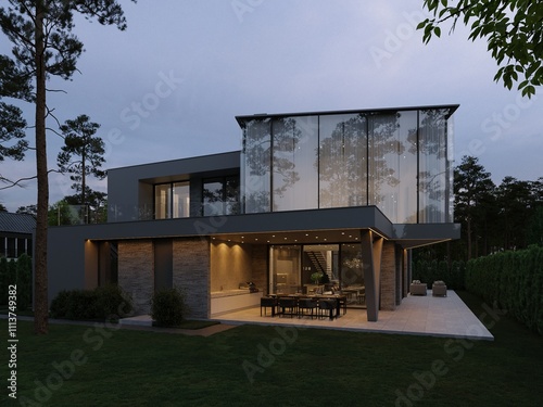 3D visualization of a modern luxury house. House next to the forest. Panoramic windows in the house. Unique architecture. Evening illumination of the facade