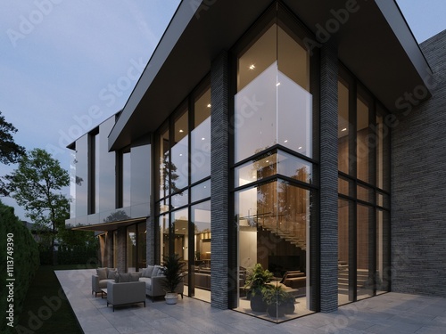 3D visualization of a modern luxury house. House next to the forest. Panoramic windows in the house. Unique architecture. Evening illumination of the facade