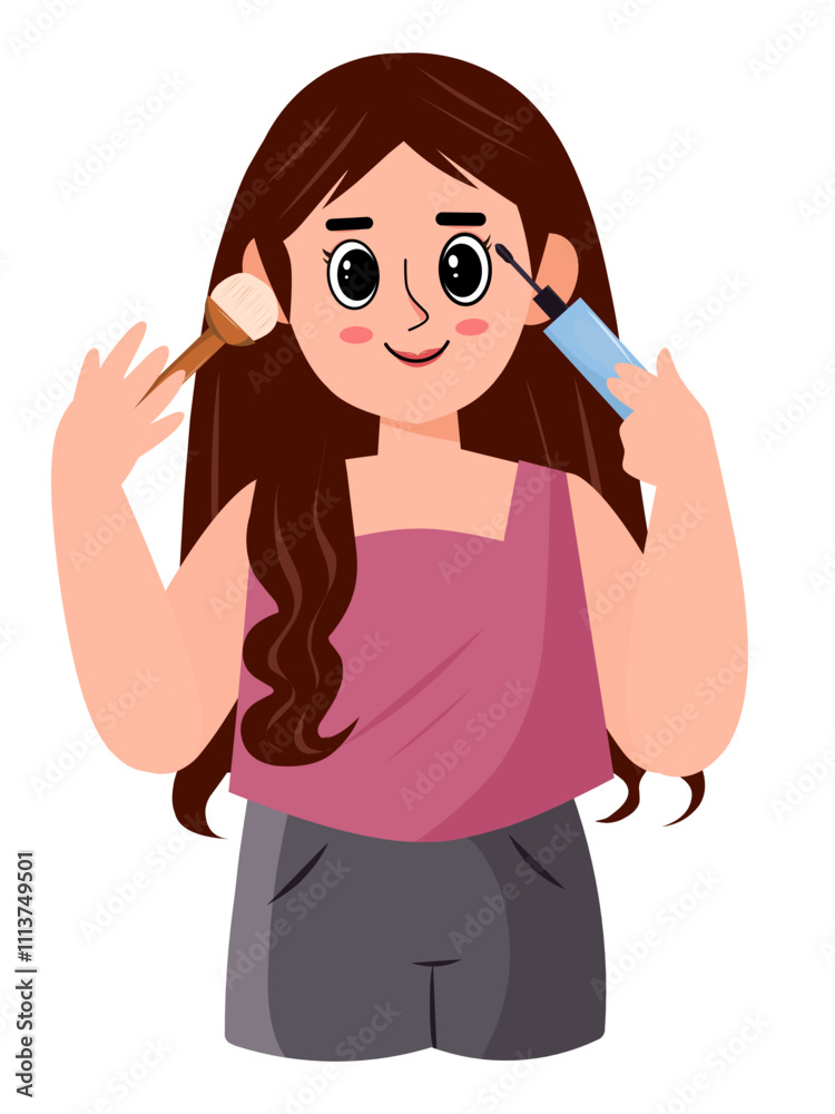 Illustration of a female character using eye mascara and blush makeup on her face Illustration of a female character using eye mascara and blush makeup on her face