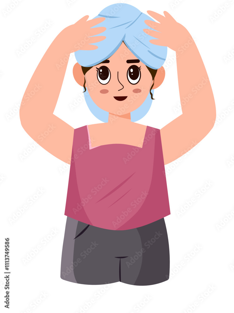 Illustration of a female character drying her hair with a towel on her head Illustration of a female character drying her hair with a towel on her head