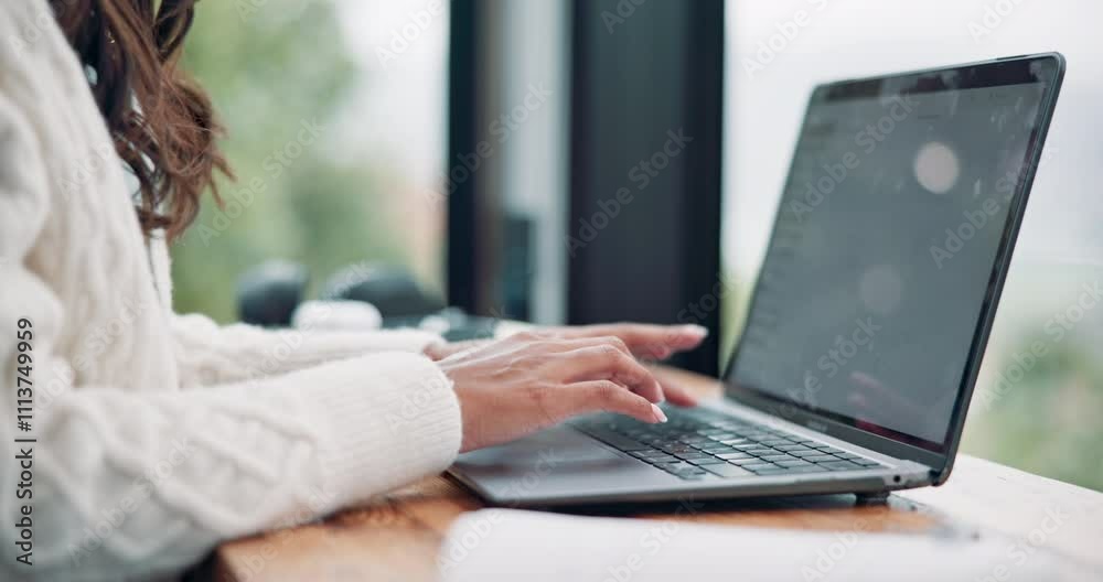 Hands, woman or writer on laptop in home or hotel for media blog, remote work or copywriting. House, email or closeup of digital nomad on technology for freelancing, research or online publication Hands, woman or writer on laptop in home or hotel for media blog, remote work or copywriting. House, email or closeup of digital nomad on technology for freelancing, research or online publication