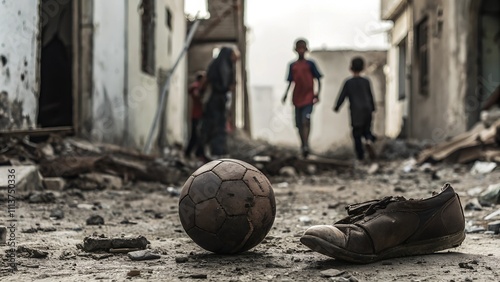 Hope Through Play: Soccer Ball and Old Shoe Amidst Ruins, Children in Background