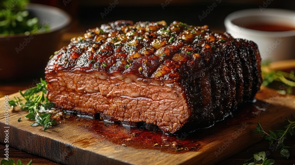 Hyper-realistic close-up of perfectly cooked beef brisket on wooden cutting board with charred crust and juicy texture garnished with fresh herbs Hyper-realistic close-up of perfectly cooked beef brisket on wooden cutting board with charred crust and juicy texture garnished with fresh herbs