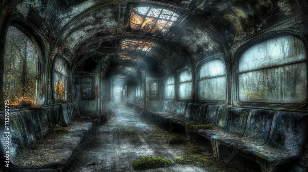 Obraz premium Eerie Abandoned Train Carriage in the Mist