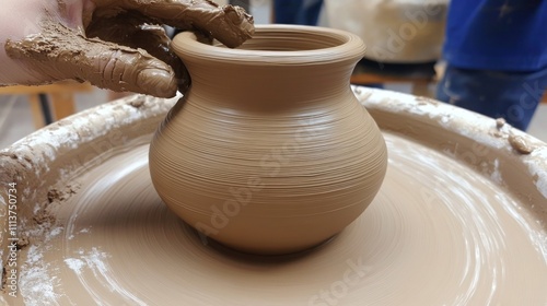 Hands shaping wet clay pot on pottery wheel.