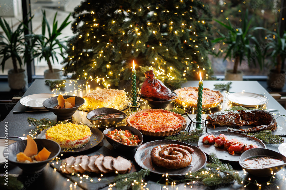 Festive table setting with Christmas decorations and burning candles in the dining room, cozy romantic Christmas in the evening atmosphere Festive table setting with Christmas decorations and burning candles in the dining room, cozy romantic Christmas in the evening atmosphere