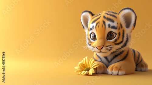 A cute cartoon baby tiger with a yellow flower.