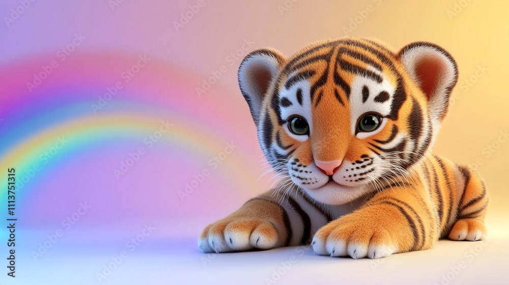 A cute cartoon tiger cub in front of a rainbow. A cute cartoon tiger cub in front of a rainbow.