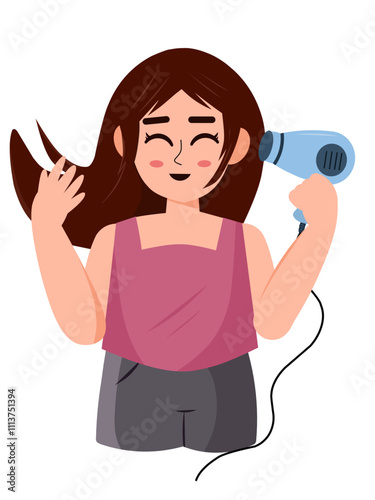 Illustration of a female character Drying Hair with a Hairdryer