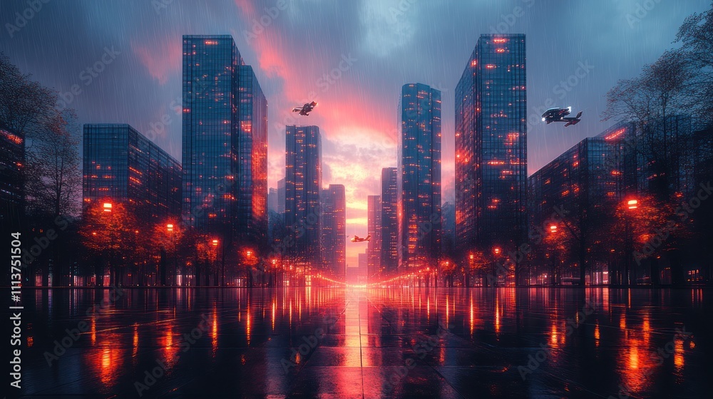 Futuristic city at sunset, drones flying, wet street reflection. Futuristic city at sunset, drones flying, wet street reflection.
