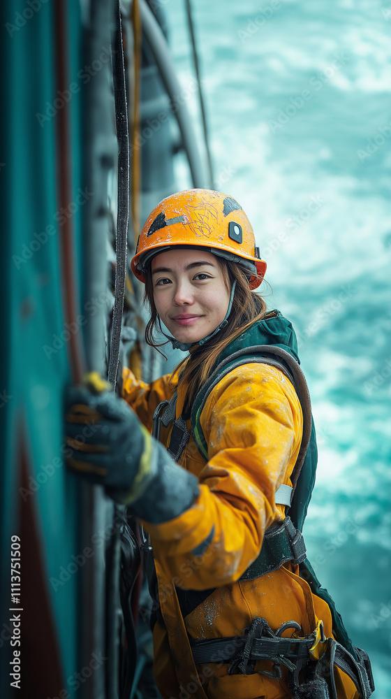 Technician climbing a turbine structure at sea. Technician climbing a turbine structure at sea.