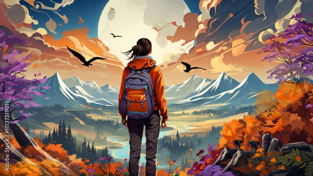 Vibrant landscape with a hiker exploring at sunset in autumn Vibrant landscape with a hiker exploring at sunset in autumn