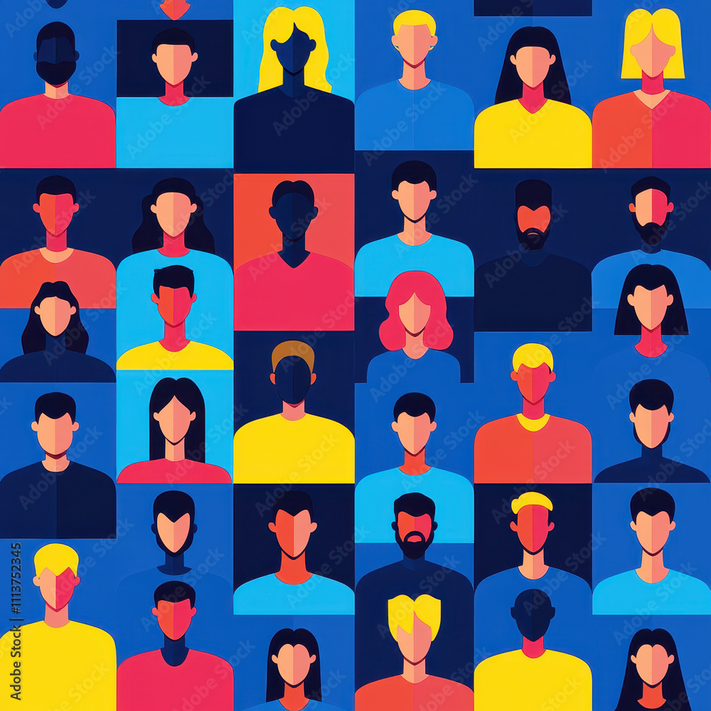 Diverse group of illustrated people in various colors and styles, showcasing different hairstyles and expressions, creating vibrant and engaging visual