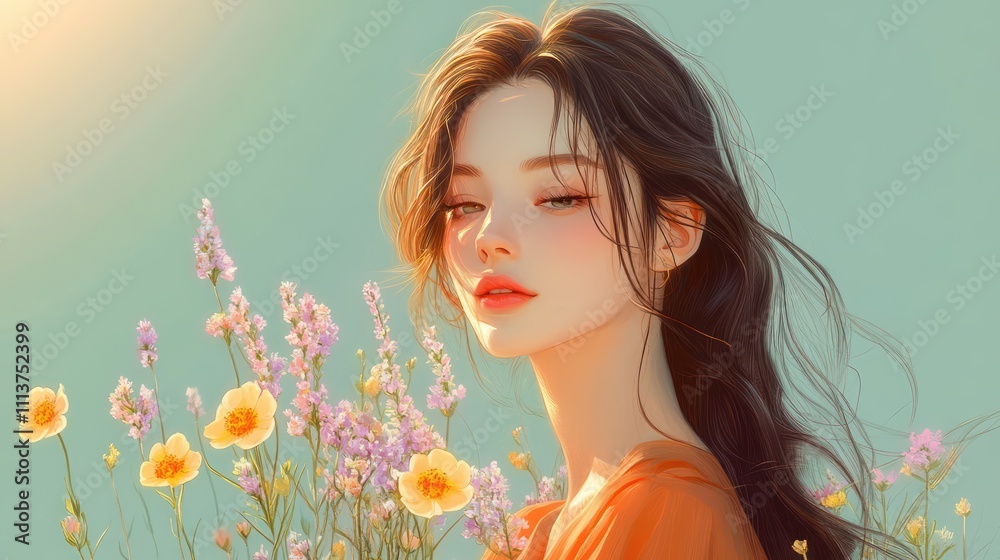 Naklejka premium Woman Holding Wildflowers in Serene Portrait