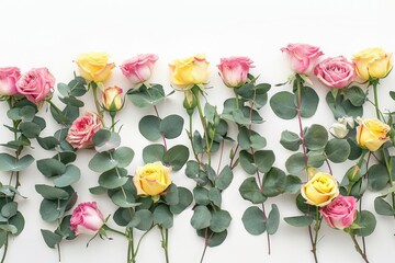 Pink and yellow roses with eucalyptus on white background.