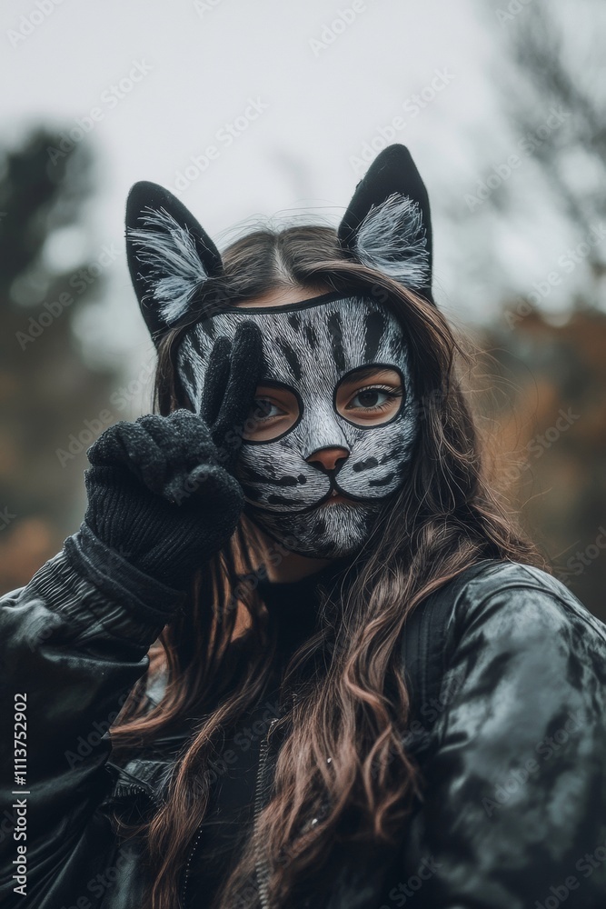 Quadrobics. Young person wearing a cat mask in a forest during autumn while striking a playful pose Quadrobics. Young person wearing a cat mask in a forest during autumn while striking a playful pose