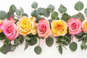 Pink and yellow roses with eucalyptus on white background.