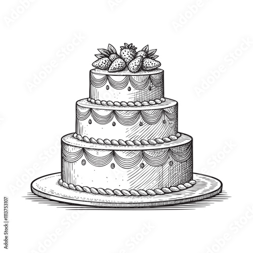 wedding Three Tier cake engraving vector illustration