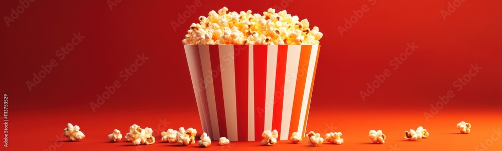 Popcorn in a striped paper cup with popcorn scattered around, space for text Popcorn in a striped paper cup with popcorn scattered around, space for text