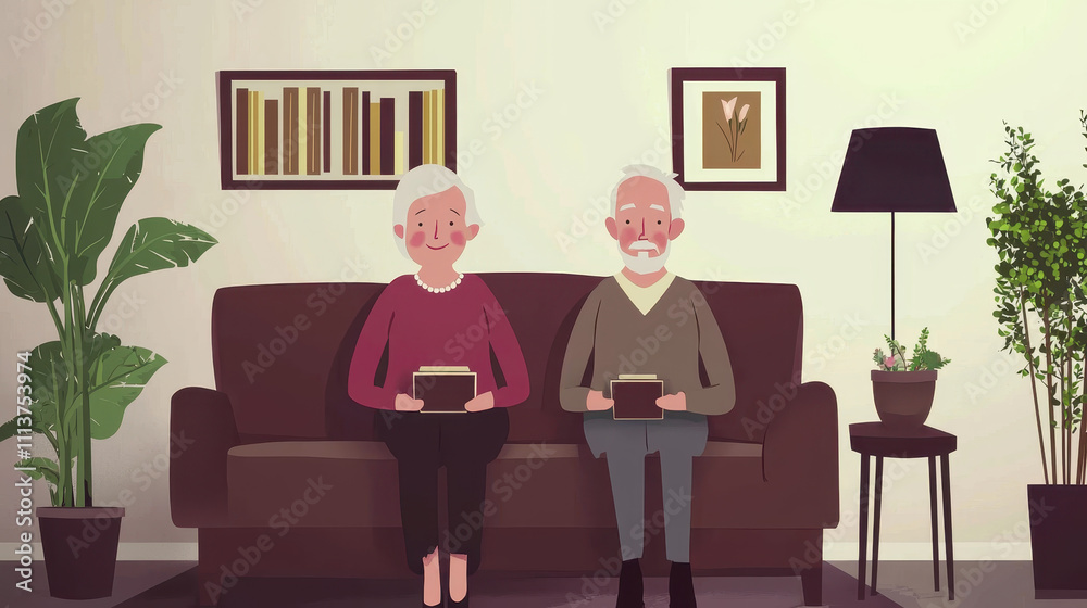 Elderly couple sitting on sofa, reading books in cozy living room. warm atmosphere is enhanced by plants and framed artwork on walls Elderly couple sitting on sofa, reading books in cozy living room. warm atmosphere is enhanced by plants and framed artwork on walls