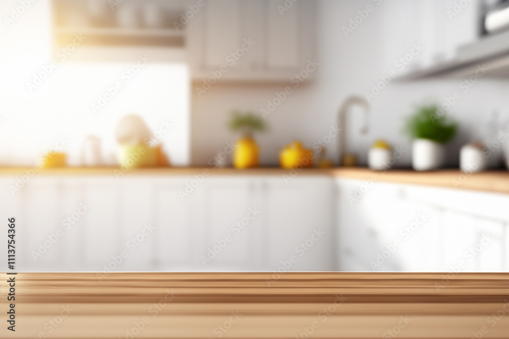 Empty wooden table with the bright white interior of the kitchen as a blurred background behind the bokeh golden sunshine Empty wooden table with the bright white interior of the kitchen as a blurred background behind the bokeh golden sunshine