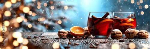 Mulled wine with cinnamon and orange or punch with Christmas cookies and text space.