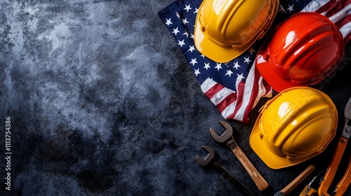 Greeting card for Labor Day with tools, hardhats and USA flag on dark background