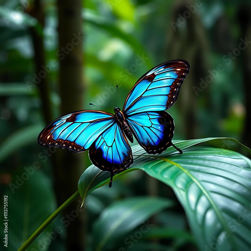 Vibrant blue morpho butterfly perched on a lush green leaf, wings spread wide, in a tropical rainforest setting.
 photo